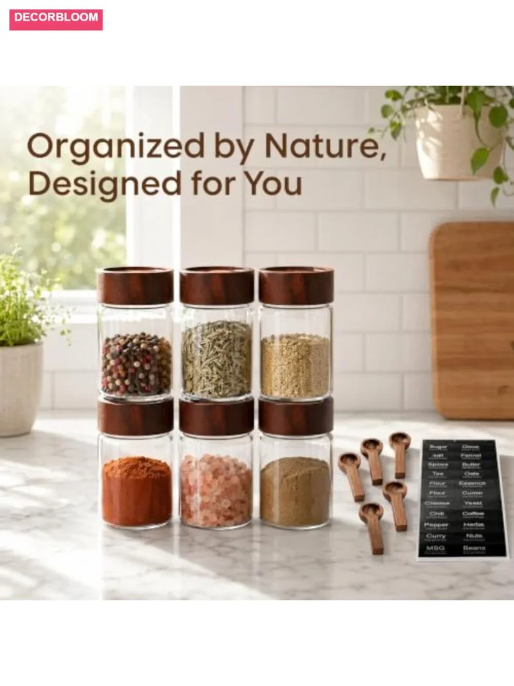 6-Pack Stackable Glass Jars with Acacia Wood Lids & Spoons, Airtight Food